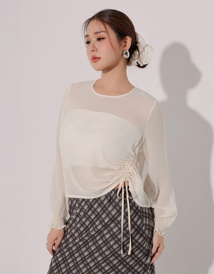 Sheer Knit Round Neck Long Sleeve Top with Adjustable Ruched Hem