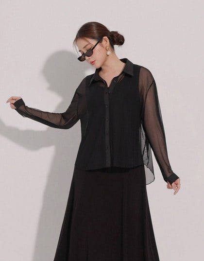 Lightweight Sheer Chiffon Collared Button Up Shirt Blouse
