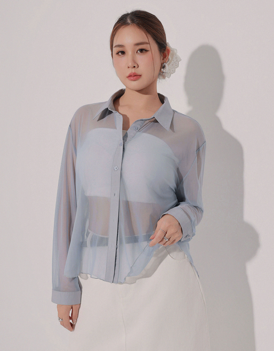 Lightweight Sheer Chiffon Collared Button Up Shirt Blouse