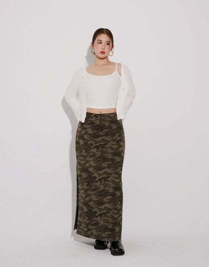 Camouflage Side Slit Straight Maxi Skirt