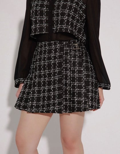 Tweed Style Checkered Mini Skirt with Side Buckle