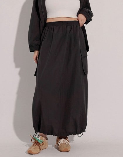 High Waist Cargo Pocket Maxi Skirt with Drawstring Hem