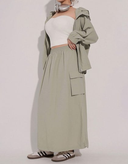 High Waist Cargo Pocket Maxi Skirt with Drawstring Hem