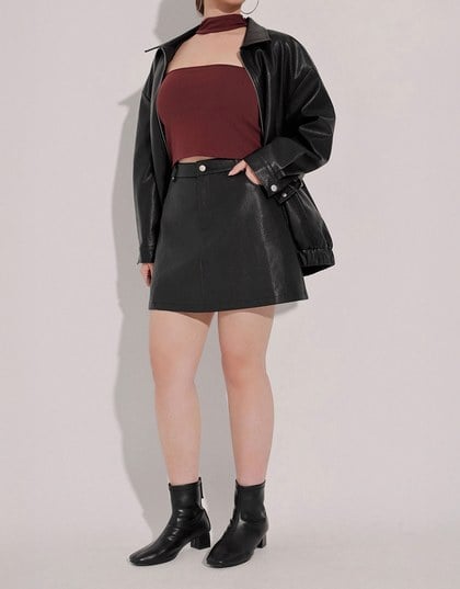 High Waist Faux Suede A Line Mini Skirt with Pockets