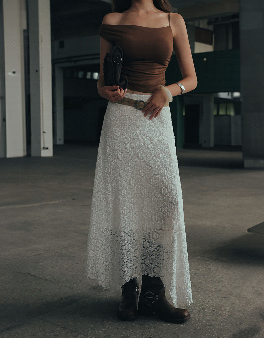 Lace Asymmetrical Hem High Waist Maxi Skirt