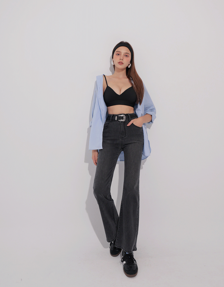 High Waist Double Button Flared Jeans Denim Pants