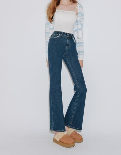Classic High Waist Frayed Edge Flared Jeans Denim Pants
