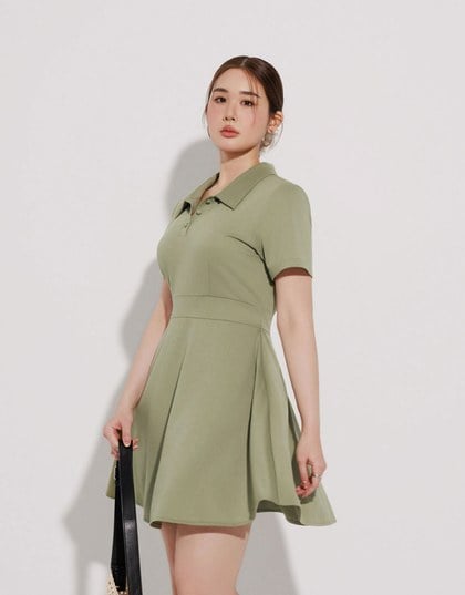 Polo Collar Flared Hem Mini Dress