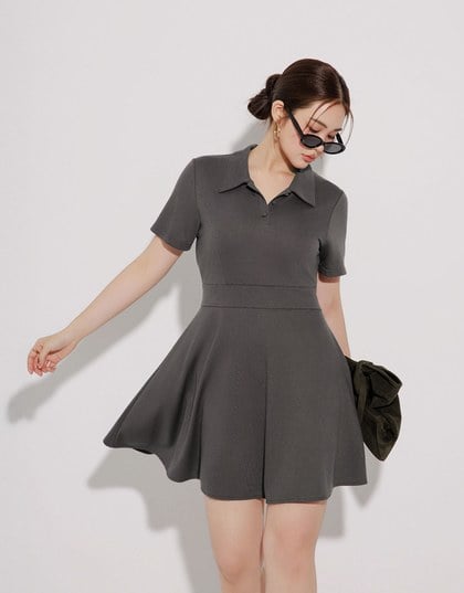 Polo Collar Flared Hem Mini Dress
