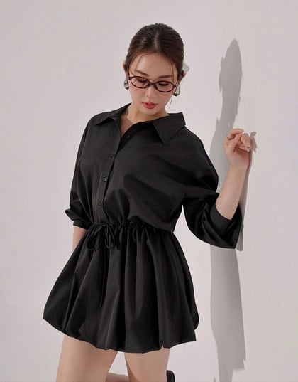 Adjustable Drawstring Waist Balloon Hem Shirt Dress