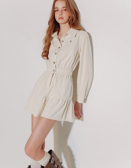 Collared Waist Cinched Button Front Shirt Mini Dress with AIR SPACE Logo Embroidered