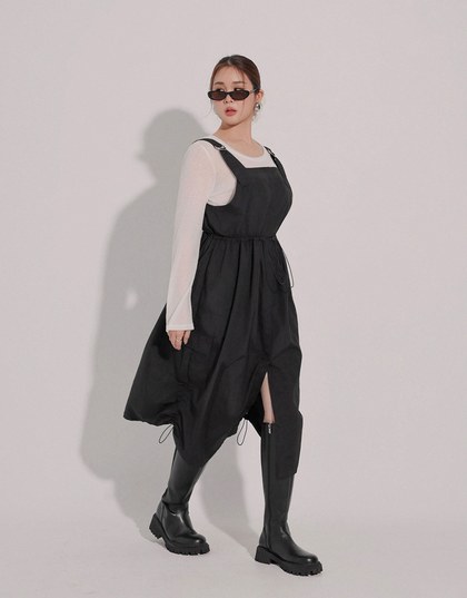 Adjustable Strap Drawstring Waist Cargo Maxi Dress