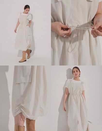 Adjustable Strap Drawstring Waist Cargo Maxi Dress