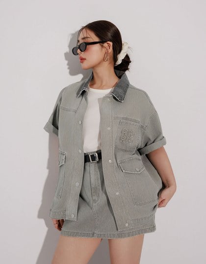 Contrast Collar Short Sleeve Jeans Denim Jacket