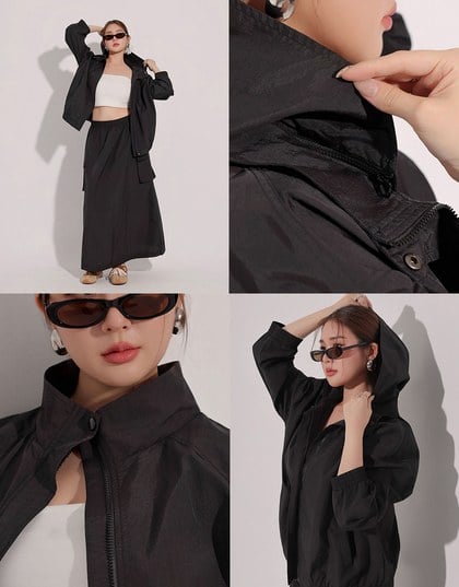 Drawstring Hem Hooded Windbreaker Jacket