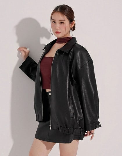 Faux Suede Oversized Collared Zip Up Jacket