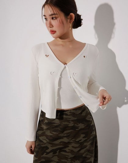 Heart Cutout Buttoned Knit Cardigan and Spaghetti Strap Crop Camisole Set Wear