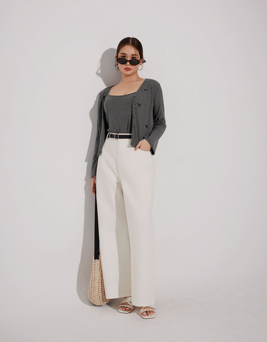 Heart Cutout Buttoned Knit Cardigan and Spaghetti Strap Crop Camisole Set Wear