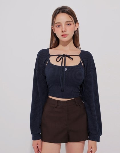 Cropped Knit Tie Front Cardigan with AIR SPACE Logo Embroidered Cami Padded Top Set Wear