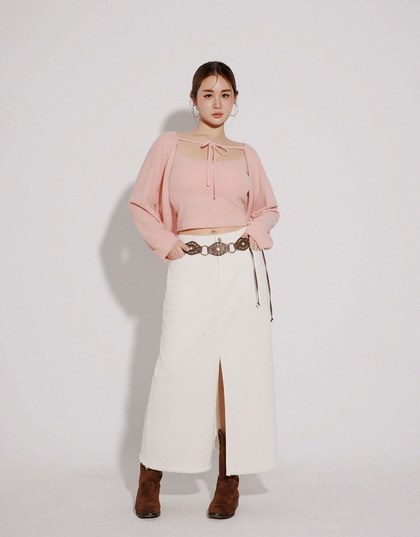 Cropped Knit Tie Front Cardigan with AIR SPACE Logo Embroidered Cami Padded Top Set Wear