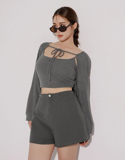 Cropped Knit Tie Front Cardigan with AIR SPACE Logo Embroidered Cami Padded Top Set Wear
