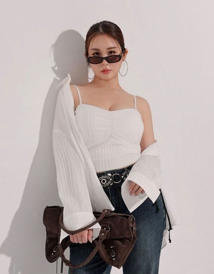 Striped Button Down Shirt Blouse with Ruched Cami Bra Top Set Wear
