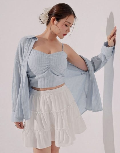 Striped Button Down Shirt Blouse with Ruched Cami Bra Top Set Wear