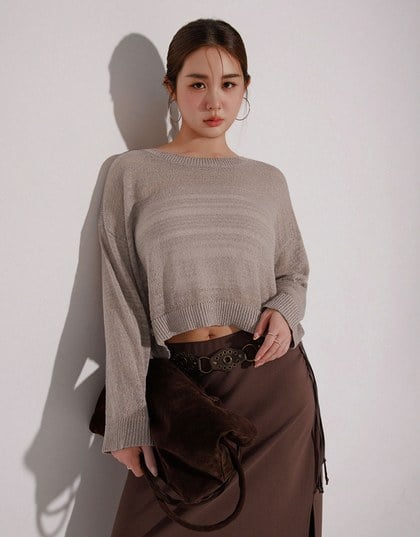 Sheer Striped Knit Relaxed Fit Long Sleeve Sweater