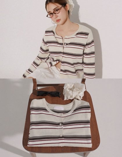 Contrast Striped Knit Button Up Cropped Cardigan