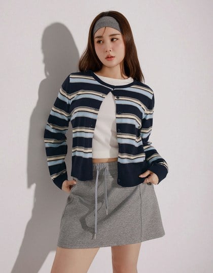 Contrast Striped Knit Button Up Cropped Cardigan