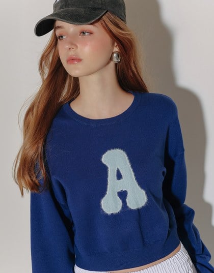 Fuzzy Letter Embroidered Cropped Knit Sweater