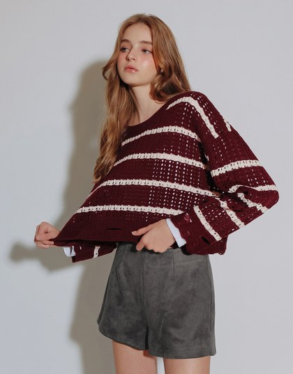 Distressed Hem Open Knit Striped Long Sleeve Sweater