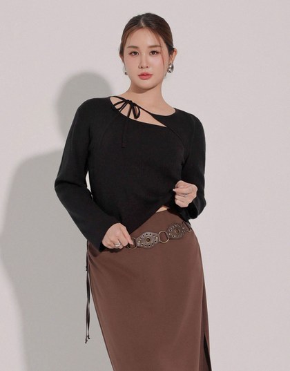 【Ling Cheng Design】Asymmetric Front Tie Knit Long Sleeve Top