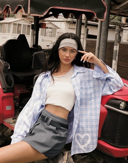 Oversized Graffiti Heart Plaid Long Sleeve Shirt Blouse