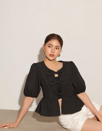 Puff Sleeve Bow Tie Peplum Hem Crop Top