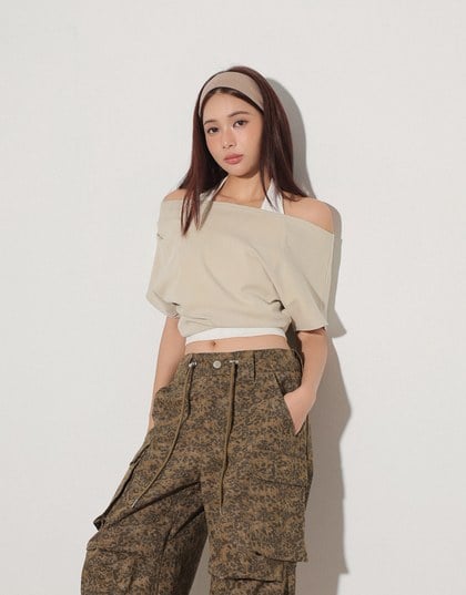 Faux 2 Piece Off Shoulder Contrast Hem Knit Crop Top