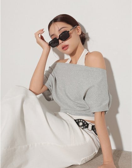 Faux 2 Piece Off Shoulder Contrast Hem Knit Crop Top