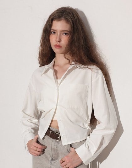 Side Drawstring Detail Collared Button Down Shirt Blouse
