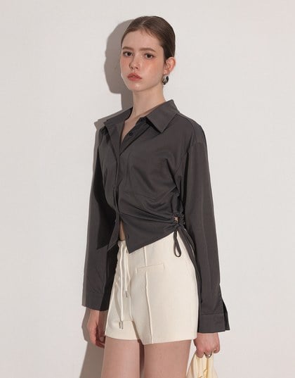 Side Drawstring Detail Collared Button Down Shirt Blouse