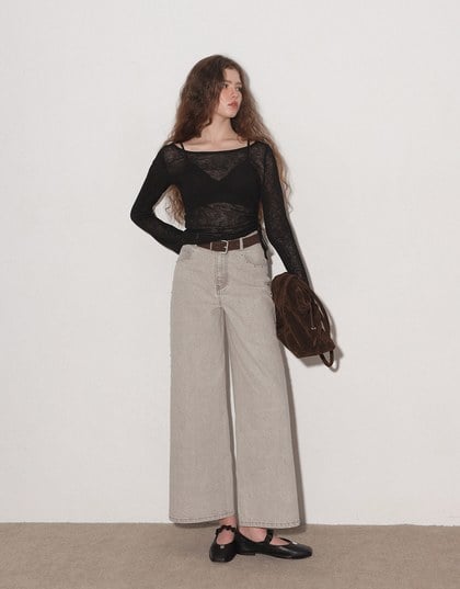 Sheer Knit Round Neck Long Sleeve Top with Adjustable Ruched Hem