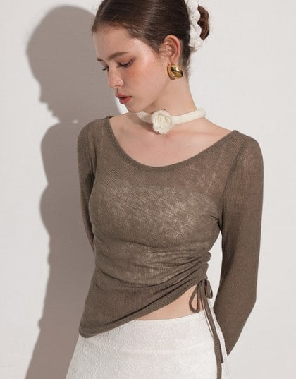 Sheer Knit Round Neck Long Sleeve Top with Adjustable Ruched Hem