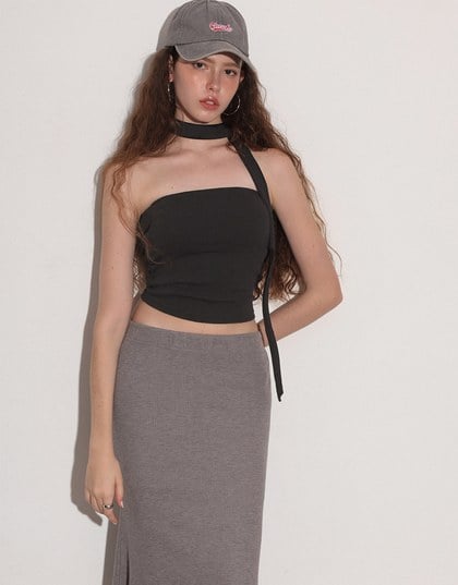 Ruched Side Crop Tube Bra Top with Thin Scarf Set