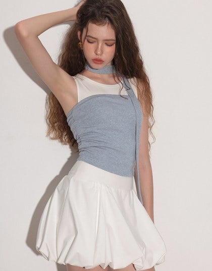 Ruched Side Crop Tube Bra Top with Thin Scarf Set