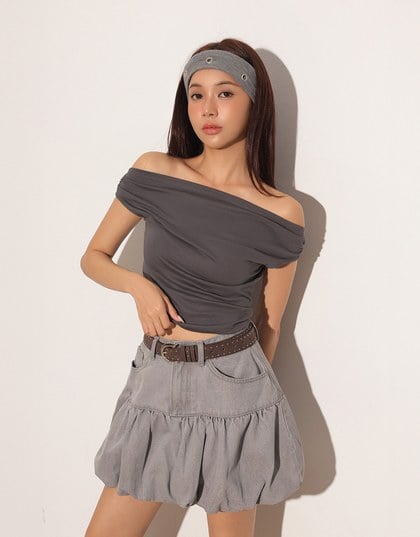 Fitted Off Shoulder Stretch Cotton Short Sleeve Top