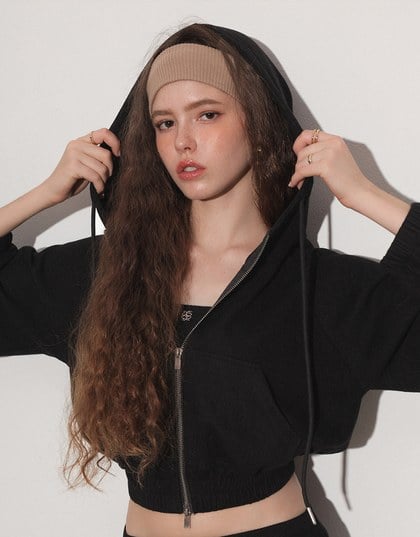 Cropped Zip Up Hoodie Jacket with Ribbed Elastic Hem