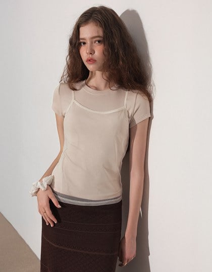Faux 2 Piece Short Sleeve Tee with Back Lace Up Detail