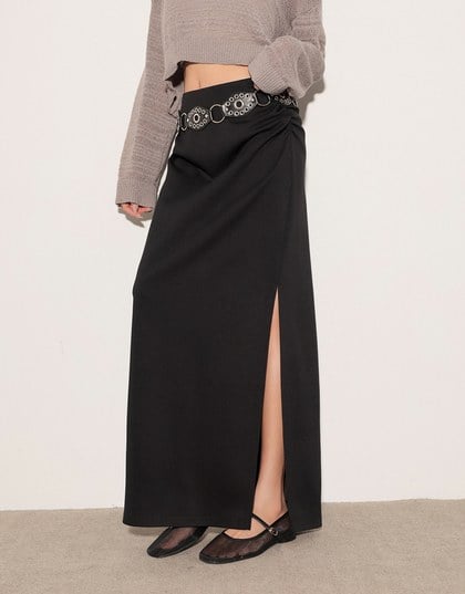 High Waist Jersey Maxi Skirt with Side Ruching