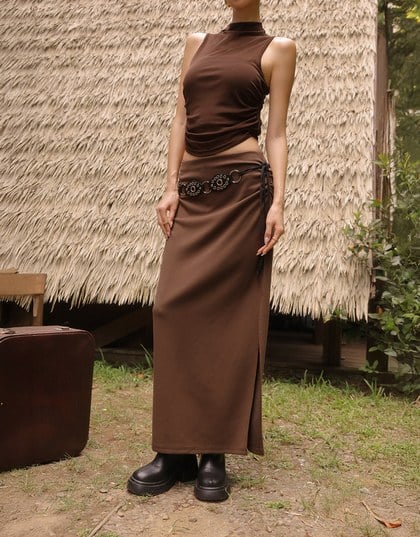 High Waist Jersey Maxi Skirt with Side Ruching