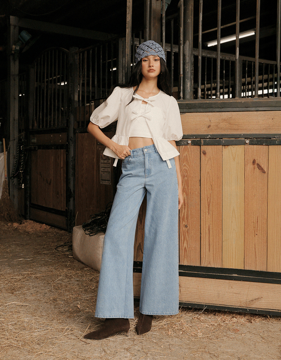 Studded Side Trim Wide Leg Jeans Denim Pants