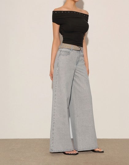 Studded Side Trim Wide Leg Jeans Denim Pants